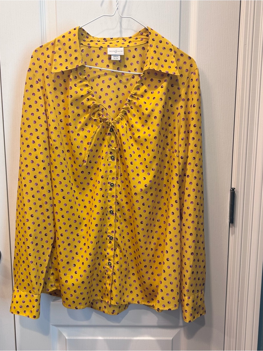 Jaclyn Smith Yellow Purple Polka Dot Keyhole Tie Blouse Top XL Long Sleeve